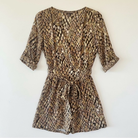 charlie jade Pants - Charlie Jade Silk Romper Womens XS – Abstract Animal Print Jumpsuit Brown Tan